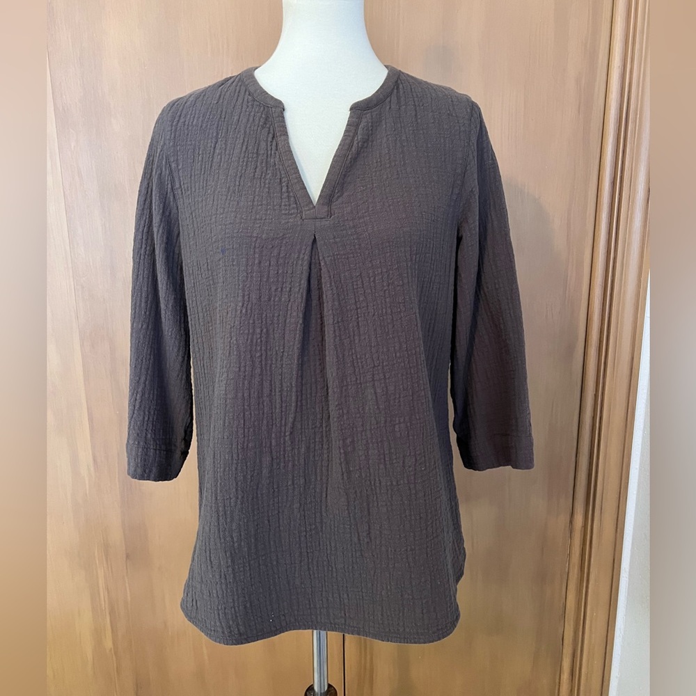 J. Jill crinkled cotton gauze brown pleated notch neck shirt S